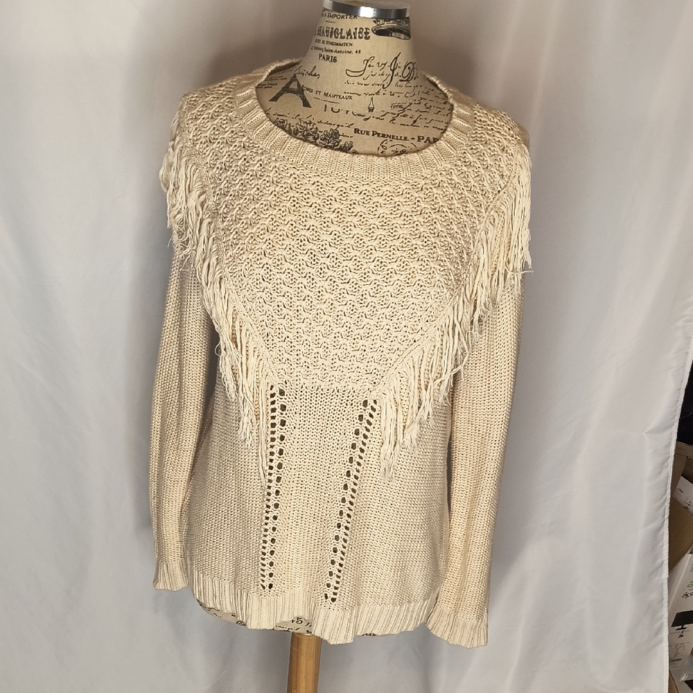 Boho-inspired Chelsea & Violet Cream Fringe Knit Sweater